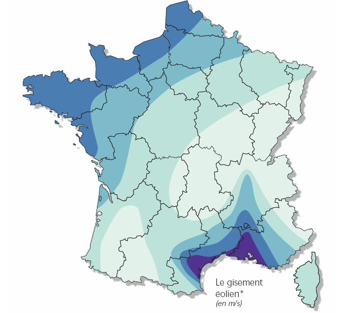 Carte des gisements éoliens en France